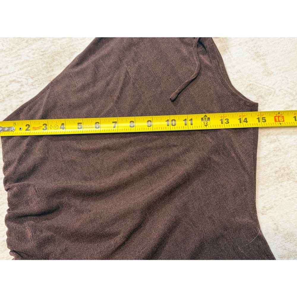 RNWY Brown One Shoulder Ruched Maxi Dress Side Slit Metallic Slinky M US 6 - Picture 9 of 10